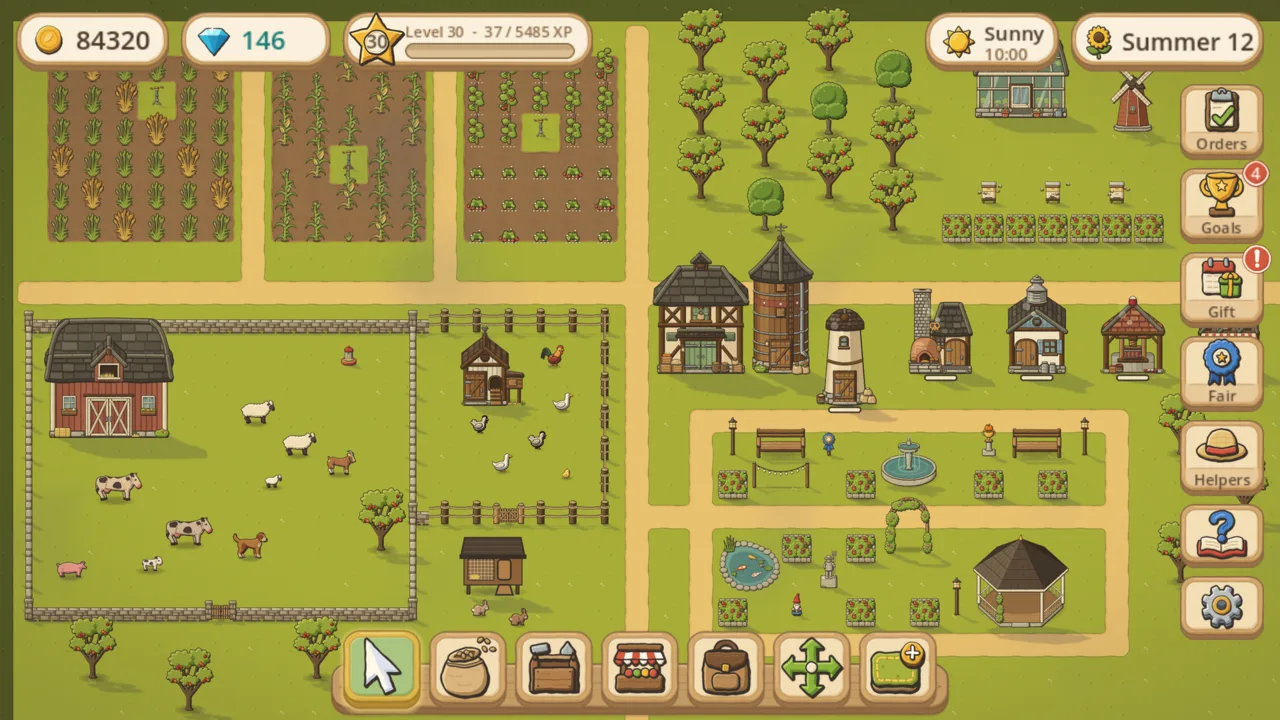 A grown Little Meadow farm in summer: fields of wheat and corn, an orchard, a stone pasture with cows and sheep, workshops and a garden with a fountain.