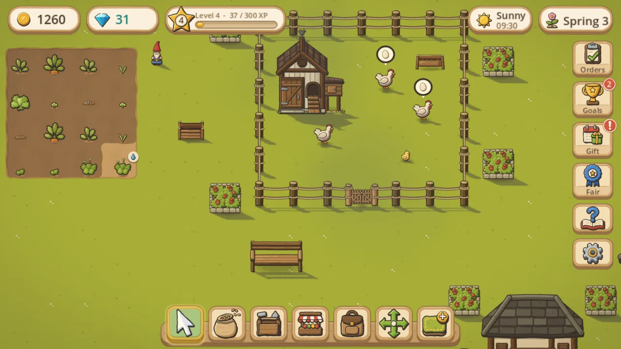 Early game: a small carrot field and a fenced hen pen with a coop.