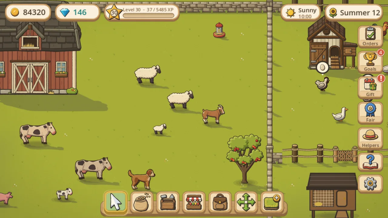 A stone pasture with a red barn, cows, sheep, a goat, a pig and a dog.