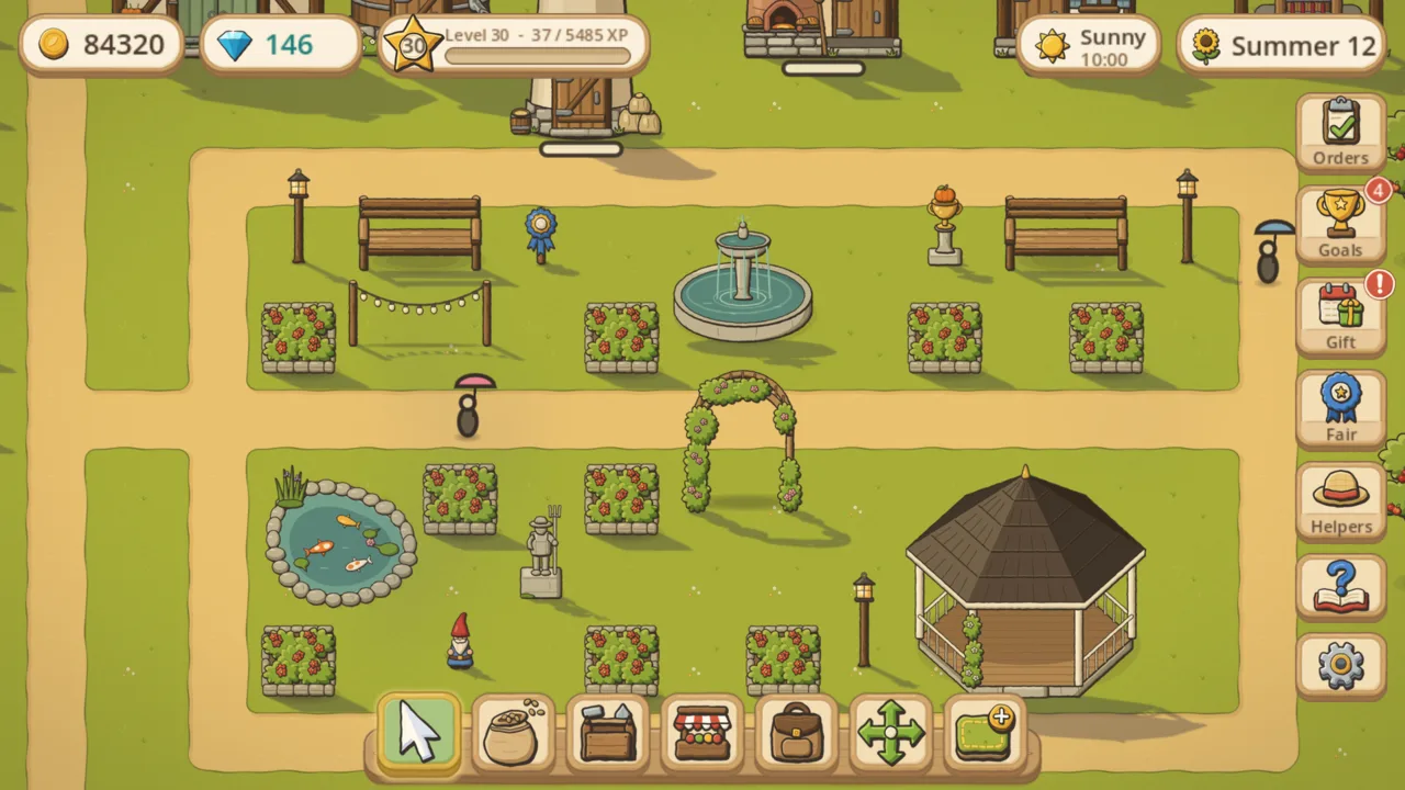 A garden with a fountain, gazebo, koi pond, benches and flower beds.
