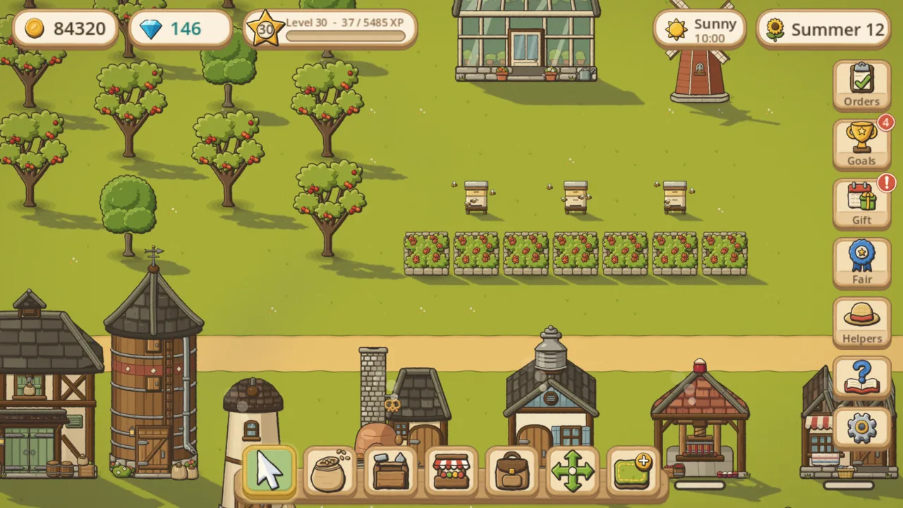 An apple orchard, beehives, a greenhouse and a row of workshops.