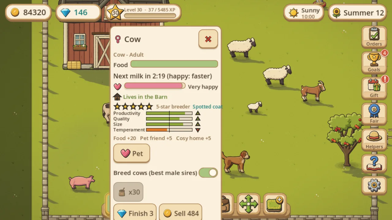 A cow's info card showing a five-star rating, a rare spotted coat and gene bars.